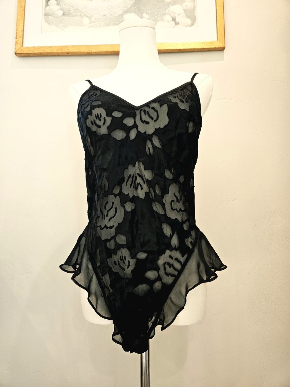 Victoria Secret Archives Bodysuit Womens M Black Devore Burnout Satin Lace Up
